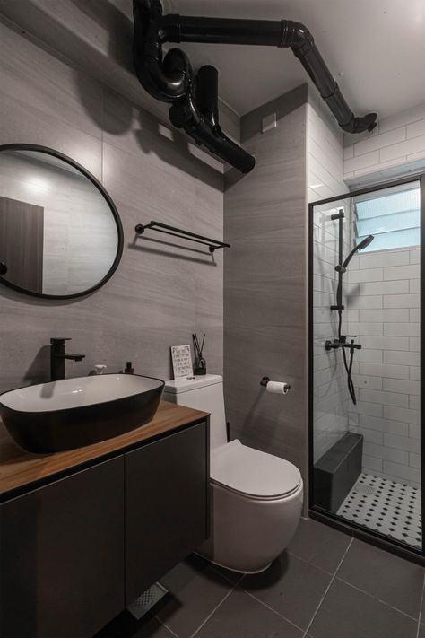 Check out this Industrial-style HDB Bathroom and other similar styles on Qanvast. Industrial Design Toilet And Bath, Industrial Minimalist Bathroom, Small Bathroom Industrial Style, Industrial Toilet Design, Hdb Bathroom Singapore, Industrial House Minimalist, Industrial Small Bathroom, Japandi Hdb, Scandinavian Toilet