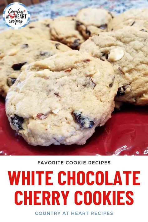 These White Chocolate Cherry Cookies are perfect for spring, special occasions or even for Valentine's Day! They are always a hit when I make them. Full of delicious white chocolate pieces and chopped dried cherries, plus chunks of sliced almonds. Yum! #whitechocolatecherrycookies #cookies #desserts #fingerfoods #whitechocolatechips #driedcherries #almonds #macadamianuts #picnics #countryatheartrecipes https://countryatheartrecipes.com/2021/05/white-chocolate-cherry-cookies/ White Chocolate Cherry Cookies, White Chocolate Cherry, Chocolate Cherry Cookies, Chocolate Pieces, Cherry Cookies, Favorite Cookie Recipe, Heart Food, Pasta Dinner Recipes, Cookie Party