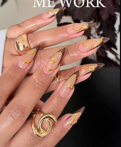 Fancy Neutral Nails, Black And Gold Almond Nails, Artsy Nails, Money Nails, Sassy Nails, Nails Now, Gold Nail, Classy Acrylic Nails, Acrylic Nails Coffin Pink