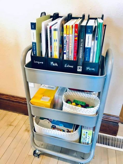 Homeschool Cart Storage, Homeschool Cart Organize, Trolley Organisation, Homeschool Organization Storage, Small Space Homeschool Organization, Homeschool Storage, Kids Desk Organization, Window Seat Ideas, Game Room Ideas