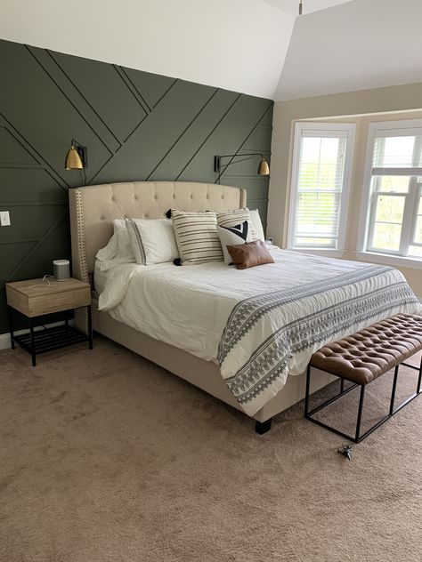 Black Accent Wall Green Bedding, Behr Basswood Paint, Black Nightstand Green Wall, Green Tan Bedroom Ideas, Accent Wall Bedroom Paint Design, Black Bamboo Behr Paint, Black Wainscoting Bedroom, Master Bedrooms Decor Modern Romantic, Green Feature Wall Bedroom