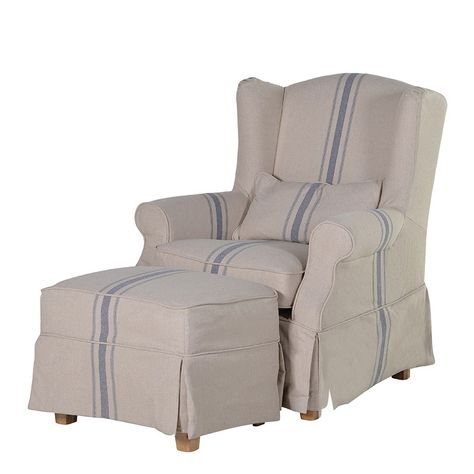 Coach House - MEY285 Stripe Chair, Striped Armchair, Cosy Reading Corner, Cosy Reading, Spring Interiors, Striped Chair, Winged Armchair, Chair Stool, Cottage Style Home