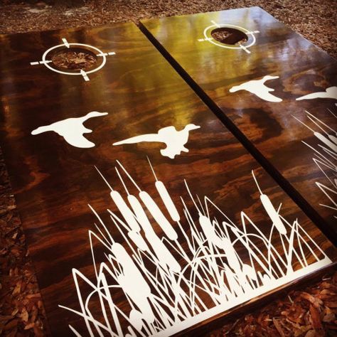 Duck Hunting Silhouette, Painted Corn Hole Boards, Regulation Cornhole Bags, Duck Silhouette, Cornhole Boards Designs, Cornhole Designs, Hunting Themes, Hunting Room, Wood Putty