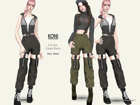 Helsoseira's KONI - Cut Out Cargo Pants Sims 4 Techwear, Sims 4 Cc Cargo Pants, Sims 4 Cc Clothes, Ts4 Clothes, Cc Clothing, Sims 4 Cc Shoes, Sims 4 Dresses, Sims 4 Characters, Sims Four