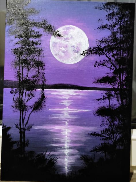 Landscape Painting Ideas, Gold Art Painting, Purple Moon, Moonlight Painting, Acrylic Painting Diy, Diy Rock Art, Simple Canvas Paintings, Canvas Painting Tutorials, Moon Painting