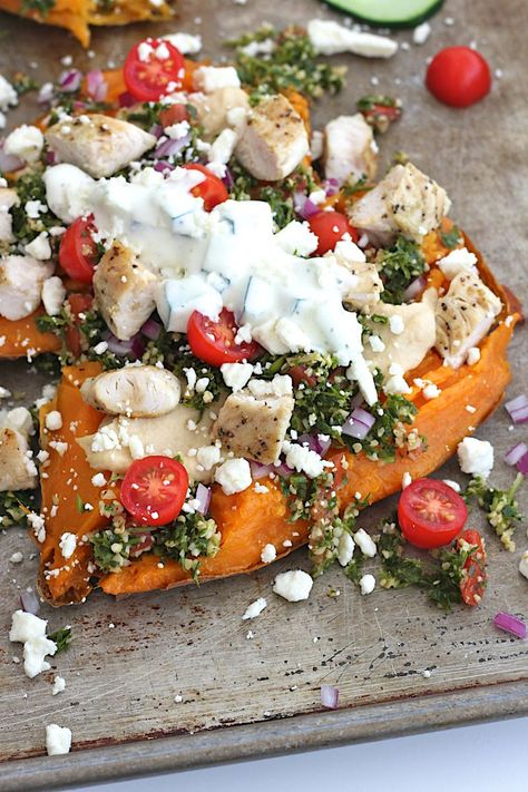 Greek Loaded Sweet Potatoes Greek Sweet Potato, Loaded Sweet Potatoes, Baba Ganush, Loaded Sweet Potato, Homemade Hummus, Sweet Potato Recipes, Greek Recipes, Healthy Chicken, Sweet Potatoes