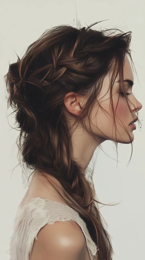 This stunning hairstyle features a beautifully intricate braided updo that exudes effortless elegance. Starting with soft, textured waves, the hair is sectioned into multiple strands, allowing for various braiding techniques such as fishtail and Dutch braids. The front sections are loosely braided back, adding a romantic touch while keeping the face framed naturally. The back is styled into an elegant bun or twist, enhancing volume and texture without looking overly polished. To achieve this loo Intricate Braided Updo, Long Hair Messy, Messy Braid, Braiding Techniques, Elegant Bun, Hair Messy, Blonde With Dark Roots, Dutch Braids, Messy Braids