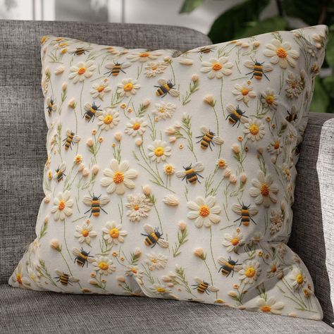 Elevate your home decor with our beautiful faux embroidered Bees pillow covers. These throw pillow covers are perfect for adding a touch of floral charm to your living space. Whether you're dressing up your couch cushions or creating a cozy floor pillow arrangement, these boho-inspired decorative pillow covers are the ideal choice.  IMPORTANT  This design has 3d features making the artwork come alive! Depending on the item, it's designed to look like any of the following: traditional patchworks, quilts, needlepoint or embroidery. Looking at it up close, this print pillow cover may not look exactly the way you might expect. However, take a few steps back from it and watch it transform! Please see the concealed zipper photo for a better understanding of what the up close print looks like for Cottage Core Throw Pillows, Embroidery On Pillow Cover, Pillow Cover Embroidery Designs, Sage Green Throw Pillows, Embroidered Couch, Throw Pillows Boho, Cottagecore Embroidery, Embroidered Cushion Covers, Granny Chic Decor