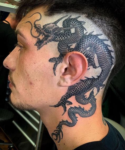 💈🔥🔥🔥TATTOOS BY @jacobdoneytattoo 🔥🔥🔥💈 * * * * * * * * * * * * * * #_traditional_tattoos #besttradtattoos #oldlines #tradworkers… | Instagram Cyberpunk Head Tattoo, Traditional Head Tattoo, Tattoos In Japanese, Japanese Neck Tattoo, Dragon Neck Tattoo, Asian Mythology, Dragon Head Tattoo, Scalp Tattoo, Dragon Tattoo Ideas