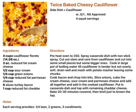 Twice Baked Cauliflower, Cheesy Cauliflower Bake, Cauliflower Side Dish, Optivia Recipes, Optavia Diet, Cauliflower Bake, Optavia Meals, Lean Green Recipes, Lean Protein Meals