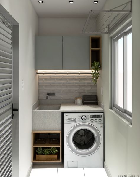 área de serviço pequena e compacta #Áreadeserviço #Áreadeserviçopequena #Lavanderia Outdoor Laundry Rooms, Laundry Room Layouts, Laundry Design, Interior Design Per La Casa, Modern Laundry Rooms, Laundry Room Inspiration, Laundry Room Remodel, Small Laundry Rooms, 아파트 인테리어