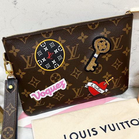 Authentic Louis Vuitton Limited Edition Monogram Patch City Wristlet /Clutch Bag. Made In Spain- From The Limited Edition Patch City Collection Comes This Gorgeous Wristlet / Clutch Bag In Class Monogram Coated Canvas With A Unique Mix Of Louis Vuitton Themed Patches- From Barbie Pink “Voguez” To A Gold Sequined Key. Comes With A Detachable Large Monogram Wristlet Strap (6.5” Drop) With Shiny Gold Toned Hardware- Hook Closure. Zip Top Closure That Opens To Black Microfiber Interior Lining. In Li Painted Purse, Bag Patches, Louis Vuitton Limited Edition, Marc Jacobs Bag, Wristlet Clutch, Zip Top, The Limited, Authentic Louis Vuitton, Louis Vuitton Bag