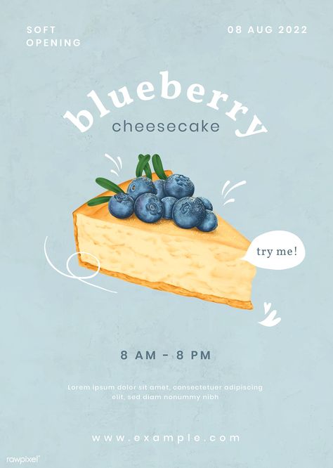 Blueberry cheesecake poster template illustration | premium image by rawpixel.com / Aew Cute Advertisement Poster, Poster Branding Design, Bakery Poster Design Ideas, Poster Menu Design, Cake Poster Advertising, New Menu Poster, Cake Advertising Design, Bakery Advertising Posters, Cake Poster Design Ideas