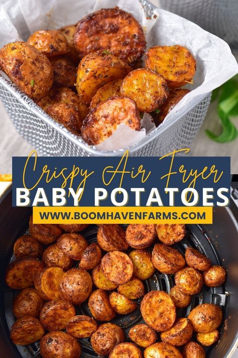 Here's a delicious and healthy recipe for Air Fryer Baby Potatoes! Using olive oil, paprika, garlic, salt, and herbs, these bite-sized potatoes are crispy and flavorful, making them the perfect side dish for any meal. Try this easy recipe today and enjoy a quick and healthy snack. #airfryer #babypotatoes #healthyrecipes #sidedish #easyrecipe Air Fryer Baby Potatoes, Baby Potato Recipes, Actifry Recipes, Healthy Air Fryer, Quick Side Dishes, Healthy Potato Recipes, Potato Snacks, Potato Bites, Air Fryer Dinner Recipes