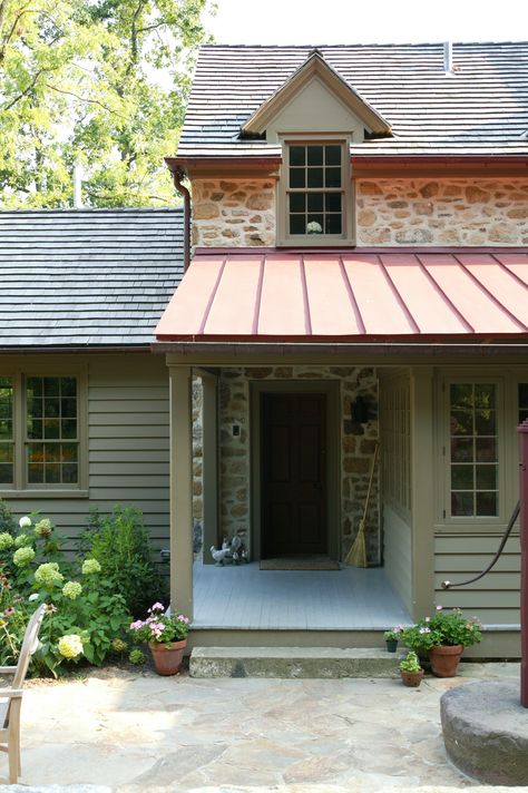 A covered porch with a standing seam tin roof create a charming, simple family entrance. Houses Beautiful, Log Houses, Homestead House, Colonial Homes, Porch Addition, Old Stone Houses, Primitive Homes, Side Porch, Front Steps