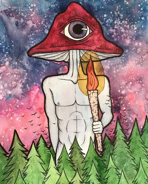 The Trippy Wizard on Instagram: “Giant mushroom man out for a stroll… 11x18 #watercolor #watercolorpainting #watercolorart #colorful #instagood #trippy #beautiful #art…” Mushroom Man Drawing, Watercolor Trippy, Trippy Watercolor Art, Mushroom Art Drawing, Wizard Mushroom, Trippy Mushroom Painting, Mushroom Wizard, Mushroom Man, Mushroom Painting