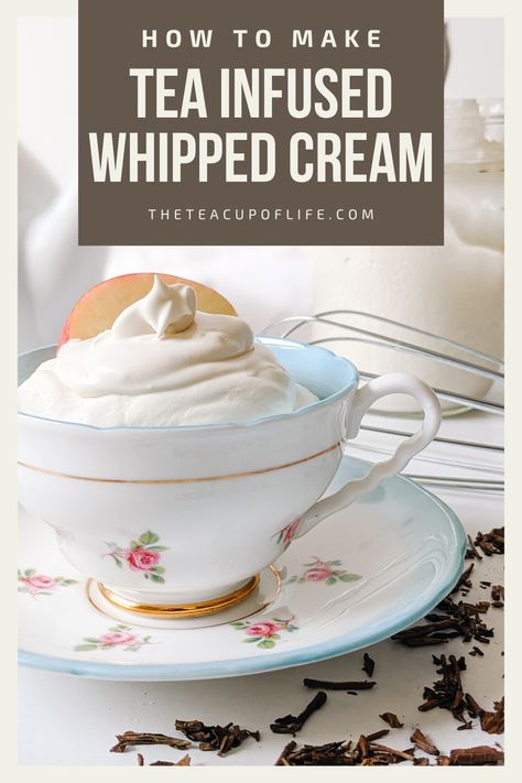 To make this easy tea infused whipped cream recipe you will need 3 simple ingredients -- whipping cream, confectioners' sugar and a tea of your choice. Add a dollop of this light and luxurious homemade whipped cream to desserts and hot drinks for a quick tea infused treat. Desserts With Whipped Cream, Infused Whipped Cream, Tea Infusion Recipes, Whipped Cream Desserts, Flavored Whipped Cream, Whipped Cream Recipe, Tea Latte Recipe, Easy Teas, Make Tea