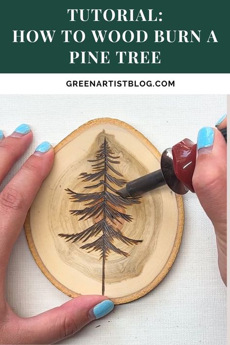 Tutorial: Wood Burning A Pine Tree Illustration Pine Tree Tutorial, Tree Wood Burning, Beginner Wood Burning Projects, Pine Tree Illustration, Pyrography Tutorial, Rustic Wood Coasters, Wood Burned Gifts, Beginner Wood Burning, Wood Burning Tips