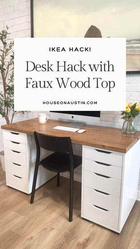 This IKEA hack is one of my faves! We took IKEA Alex drawers and a beat up, old cardboard top, and created a beautiful desk.   This desk hack with faux wood top was not only inexpensive but also really easy. Peel And Stick Desk Top, Ikea L Shaped Desk Ideas, Desk Tops Ideas, Ikea Desk Upgrade, Ikea Hacks Drawers, Diy Ikea Alex Desk, Desk With File Cabinets Diy, Ikea Micke Desk Makeover, Ikea Alex Drawers Hack Diy