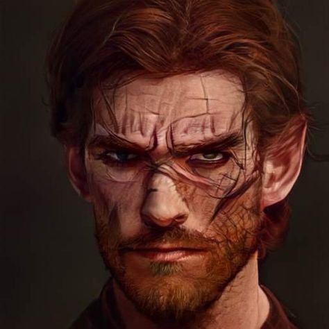 Blood hunter with dark red hair, heavily scarred and dead set on revenge against his former enslavers Scarred Character Art, Artbreeder Male, Character Art Male, Blood Red Hair, Blood Hunter, Art Male, Dark Red Hair, Harry Potter World, Dnd Characters