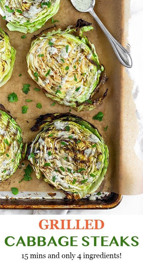 Flavor packed grilled cabbage steaks made with only 4 ingredients. Top them off with your favorite sauce for an easy and healthy summer cabbage recipe. Paleo, vegan, Whole30, and Keto. - Eat the Gains #cabbagerecipes #cabbage #grilledvegetables #whole30recipes #veganrecipes #memorialday #grillingrecipes #grilling Grilled Cabbage Steaks, Grilled Cabbage, Grilling Recipes Sides, Cabbage Steaks, Recipes Shrimp, Vegan Grilling, Grilled Steak Recipes, Healthy Grilling Recipes, Cabbage Recipe