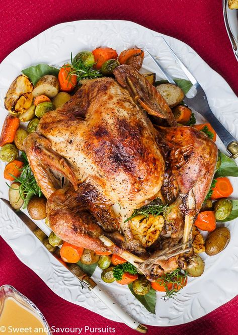 Roast Turkey with vegetables on large white platter with gravy on the side. Dry Brine Turkey, Herb Roasted Turkey, Roast Turkey Recipes, Gluten Free Thanksgiving, Turkey Recipes Thanksgiving, Half Baked, Half Baked Harvest, Thanksgiving Menu, Roasted Turkey