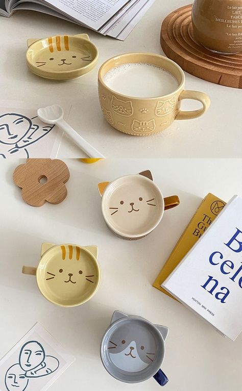 Kawaii Plates Set, Clay Cat Food Bowl, Cat Plate Ceramic, Barang Aesthetic, Blue Pottery Designs, Cute Cat Ceramic, Cute Ceramic Mugs Cat, Temple Design For Home, Handmade Ceramics Pottery