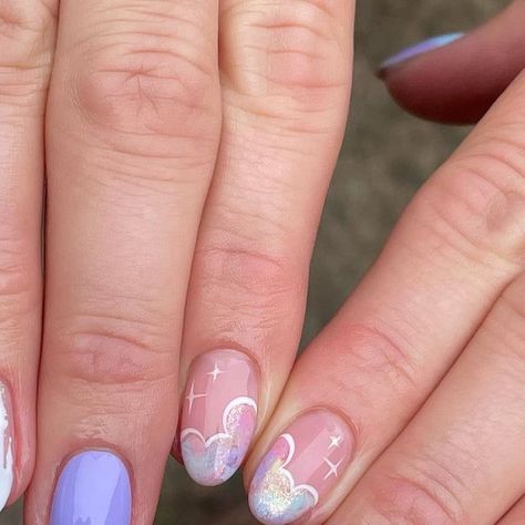 Charlotte on Instagram: "DISNEY NAILS✨💜🧚🪄 . My lovely friend surprised her children yesterday with a trip to Disney World!! 🥰 I’m so excited for her to make such special memories with her family 💜✨ . . #disneycastlenails #Disney #disneynails #flax #shelleychrome #tinkerbell #tinkerbellnails #mickeymouse #mickeymousenails #nails #disneynailinspo #nailsofinstagram #nailinspo #nailsfordisney" Disney Nails Tiana, Stitch Nails Disney Short, Disney Nails Sparkle, Colourful Disney Nails, Disney Nail Inspo Almond, Sparkle Disney Nails, Disney Pastel Nails, Disney Nails Summer, Unique Disney Nails