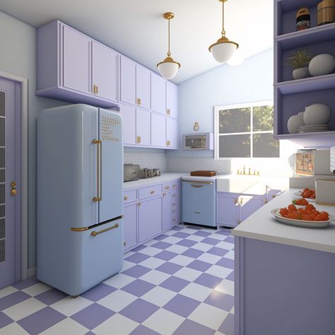 Pastel Purple Kitchen, Pastel House Interior, Cocinas Aesthetic, Pastel Interior Design Modern, Pastel House Aesthetic, Purple Kitchen Ideas, Y2k Kitchen, Purple Apartment, Kitchen Interior Decor