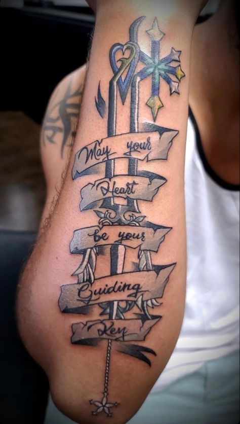 Kingdom Hearts Sleeve Tattoo, Kingdom Heart Tattoo Ideas, Set Your Heart Ablaze Tattoo, Kh Tattoo, Keyblade Tattoo, Kingdom Hearts Quotes, Yugioh Tattoo, Kingdom Hearts Tattoo, Hercules Tattoo