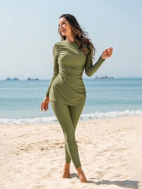 SHEIN Swim Mulvari Ladies' Solid Color Pleated Top With Long Bikini Set | SHEIN USA Modest Swimsuits For Women, Modern Kaftan, Islamic Swimwear, Burkini Swimsuit, Swim Leggings, Green Plain, Modest Swimsuits, Womens Tankini, Modest Swimwear