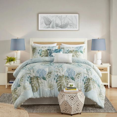 Harbor House Kiawah Island 6 Piece Oversized Cotton Comforter Set with Throw Pillow - On Sale - Bed Bath & Beyond - 39120834 Green Pillows Decorative, Cotton Comforter Set, Blue Comforter Sets, How To Clean Pillows, Harbor House, Tropical Botanical, Dobby Weave, Kiawah Island, Mesa Exterior