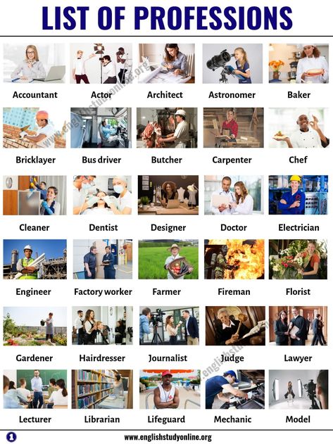 List of Jobs: List of 60 Popular Professions & Jobs in English - English Study Online All Jobs List, Types Of Professions, A2 Vocabulary English, Different Jobs Illustration, Jobs In English, Jobs Pictures, Job List, Jobs List, List Of Jobs