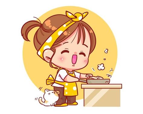 Cooking In Kitchen, Cartoon Art Illustration, Girl Cooking, Cute Couple Drawings, Chibi Girl, Cute Anime Chibi, Chibi Drawings, Art And Illustration, Mini Paintings