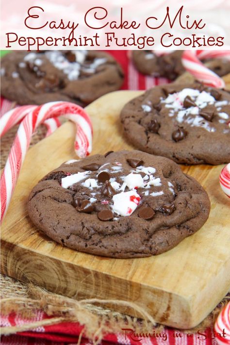 Cake Mix Peppermint Fudge Cookies made with chocolate cake mixes. Only 5 Ingredients! These Christmas Cake Mix Cookies are fudgy and the perfect easy Christmas cookie with candy canes and chocolate chip. You will love these Peppermint Cookies for the holidays. Easy & simple! / Running in a Skirt #christmascookie #cakemixcookie #christmas #christmasbaking Chocolate Peppermint Cake, Chocolate Cake Mix Cookies, Peppermint Fudge, Chocolate Peppermint Cookies, Peppermint Chocolate, Perfect Cookies, Pumpkin Chocolate Chip Muffins, Candy Cane Cookies, Fudge Cookies