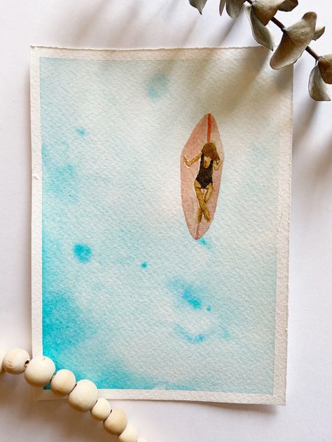 Girl Watercolor Painting, Sea Inspired Art, Surfer Painting, Surfboard Painting, Surf Painting, Watercolor Paintings Nature, Watercolor Beginner, Apartment Art, Watercolor Paintings For Beginners