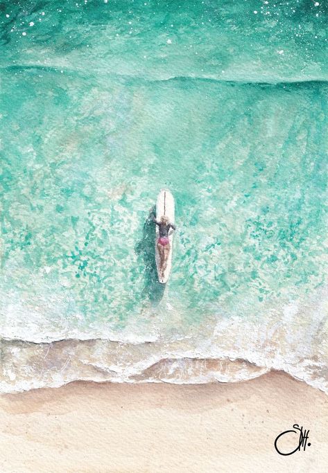 Watercolour Painting . 21 x 14.8cm . SaLoHa Art . 2022 . One for those small wave logging days in clear summer waters... Surf Watercolor Paintings, Abstract Waves Painting, Surfer Watercolor, Watercolor Beach Scenes, Wallpaper Hacks, Surf Watercolor, Surfing Painting, Surf Art Painting, Coastal Watercolor