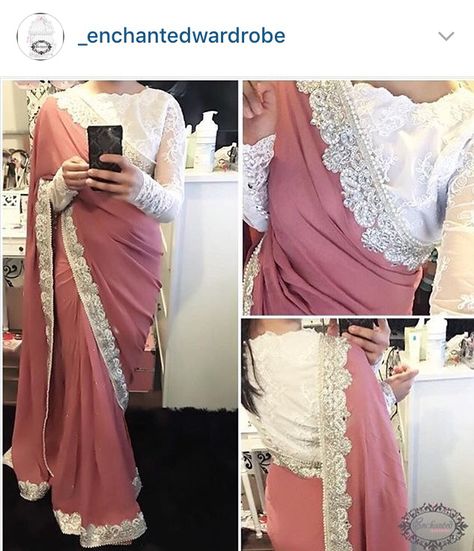 Dusty rose saree with a white lace border. In LOVE. Screams vintage and elegant at the same time. The blouse is to DIE for. Wedding Dresses Hijab, Lace Saree, Fancy Sarees Party Wear, Sari Blouse Designs, Dresses Beautiful, Saree Blouse Patterns, Saree Designs Party Wear, Unique Blouse Designs, Designer Saree Blouse Patterns