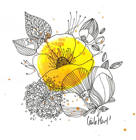 fleur jaune #illustration #cecilehudrisier #aquarelle #ink #doodle 수채화 그림, Floral Logo, Arte Inspo, Art Et Illustration, Art And Illustration, Flower Illustration, Floral Illustrations, A Drawing, Flowers And Leaves