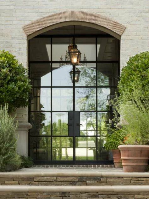 portella entry doors Steel French Doors, Steel Doors And Windows, Brick Arch, Steel Windows, Casas Coloniales, Pool Design, Farmhouse Exterior, Front Entrances, French Door