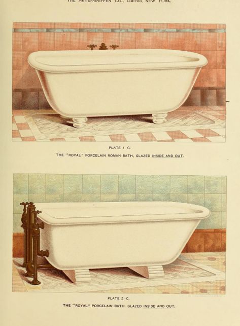 However, "by 1885, the cast iron claw-foot tub was the tub of choice for the Victorian bathroom." Witch Cottage, Cast Iron Tub, Victorian Bathroom, Roman Baths, Cottage In The Woods, Vintage Bathroom, Bathtubs, The Cast, Household Appliances