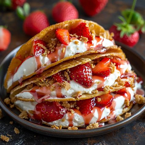 Strawberry Crunch Cheesecake Tacos Strawberry Crunch Cinnamon Rolls, Strawberry Crunch Tacos, Strawberry Cheesecake Tacos, Creative Cookery, Cheesecake Tacos, Strawberries Recipes, Strawberry Crunch Cheesecake, Taco Shell Recipe, Perfect Whipped Cream