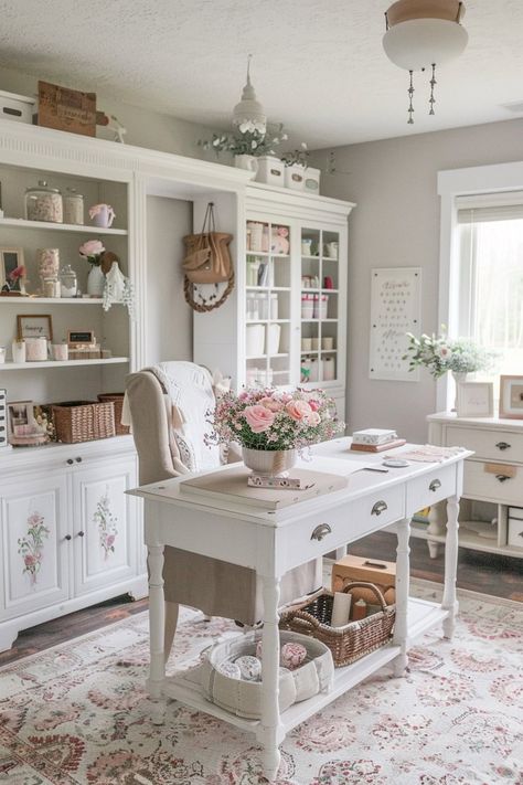 Woman Cave Ideas Woman Cave Ideas, Shabby Chic Office Decor, Girls Hangout, Women Cave, Retreat Home, Mom Cave, Shabby Chic Office, Personal Retreat, Pastel Home Decor