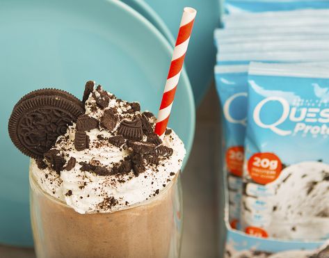 Quest Nutrition New Years Resolution: DRINK. MORE. COOKIES. Have some fun in the kitchen with this #COOKCLEAN Cookies and Cream Overload Shake! It's a DREAM TEAM of flavors that will make your taste buds happy!… Quest Protein Powder Recipes, Quest Protein Recipes, Keto Shakes, Milk Nutrition, Quest Nutrition, Protein Treats, Nutrition Shakes, Protein Powder Recipes, High Protein Snacks