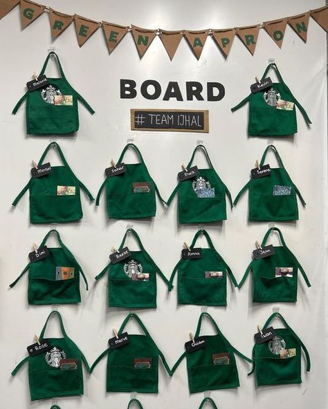 Green Apron Board Starbucks, Green Apron Board, Starbucks Pics, Partner Appreciation, Recognition Board, Apron Cards, Starbucks Ideas, Starbucks Apron, Green Apron