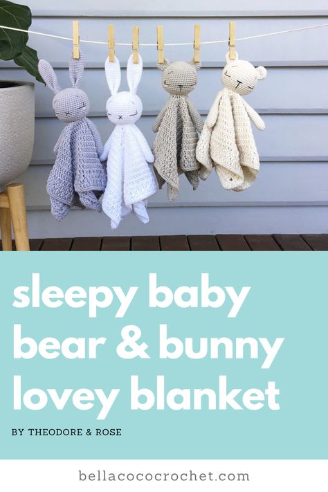 Flex your amigurumi skills with these super sweet Sleepy Baby Bear and Bunny Lovey Blankets. Grab your crochet hook and let's get makin'! Bunny Blanket Buddy, Baby Jam, Woobie Blanket, Crochet Lovies, Lovey Blanket Pattern, Baby Lovie, Bella Coco Crochet, Bear And Bunny, Baby Olive