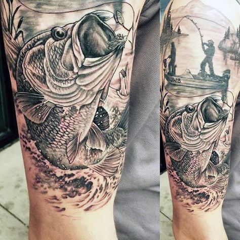 75 Bass Tattoo Designs For Men - Sea-Fairing Ink Ideas Bass Tattoo, Guide Tattoo, Bass Fishing Tattoo, Trout Tattoo, Fishing Tattoos, Fly Fishing Tattoo, Calf Tattoo Men, Cloud Tattoo Design, Fishing Tattoo