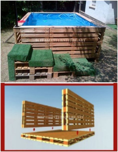 38 Genius Pool Hacks to Transform Your Backyard Into Your Own Private Paradise - DIY & Crafts Pallets Around Above Ground Pool, Easy Above Ground Pool Deck, Diy Pallet Pool Ideas, Diy Pool Ideas Homemade, Homemade Swimming Pools, Pallet Pool, Piscina Intex, Building A Swimming Pool, Rustic Console