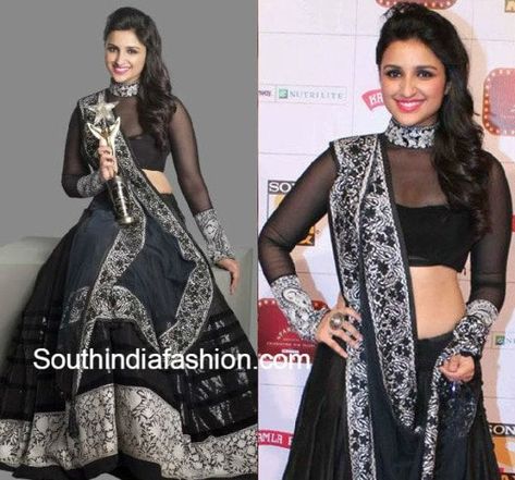 parineeti chopra black lehenga full sleeves blouse Full Neck Blouse, Blouse Patterns Latest, Net Blouse Design, Net Blouse Designs, Blouse Design Ideas, Net Sari, Full Sleeves Blouse Designs, Netted Blouse Designs, Blouse Designs High Neck