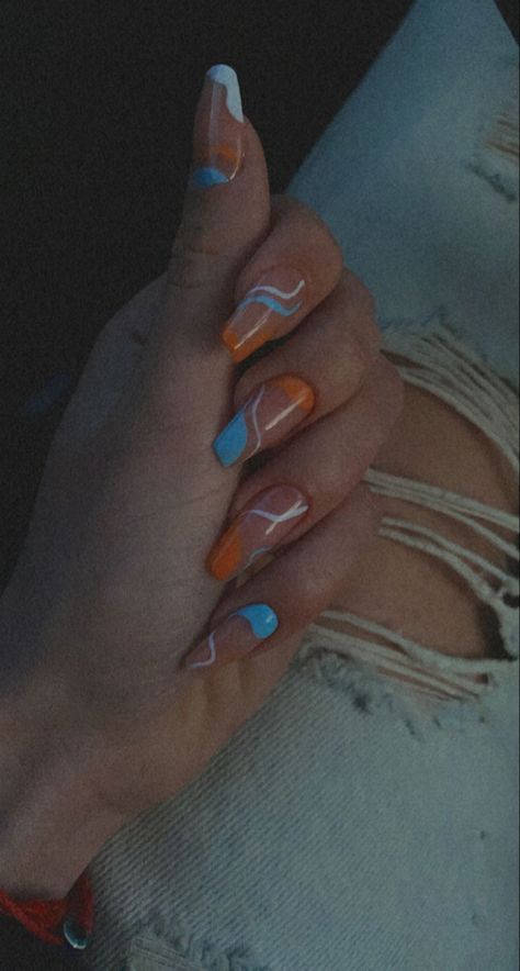 Orange Blue And White Acrylic Nails, White Orange And Blue Nails, Orange Blue And White Nails, Orange Blue White Nails, Blue Orange And White Nails, Light Blue And Orange Nails, Dark Blue And Orange Nails, Teal And Orange Nails, Blue And Orange Nails Designs